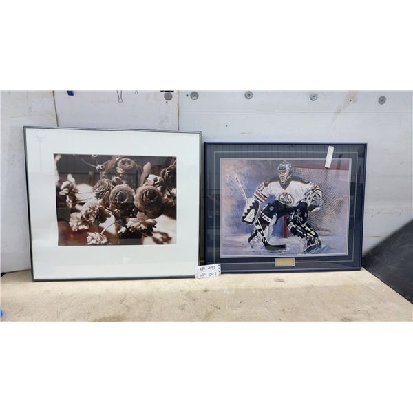 Framed "In the Zone" Print 21 × 27” 1997 Curtis Joseph Edmonton Oilers, and Floral Print, 23 × 26”