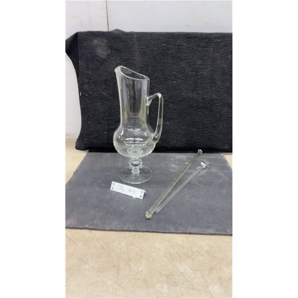Vintage Clear Glass Cocktail Pitcher with Pedestal Base and Two Glass Swizzle Sticks
