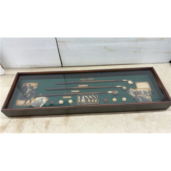 "History of Golf" Framed Display Case With Antique-Style Clubs and Balls, 13 × 41 1/2 × 3 1/2”