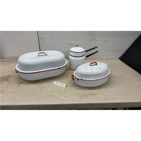 Vintage White Enamel Red Trim Roasters and Double Boiler Set