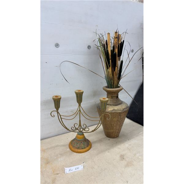 Decorative Candelabra and Dried Floral Arrangement in Crackle-Finish Vase