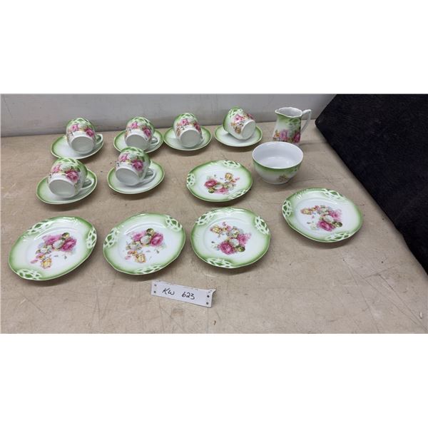 Vintage 19 Piece Porcelain Tea Set with Green Floral Rose Motif, Cups, Saucers, Plates, Creamer