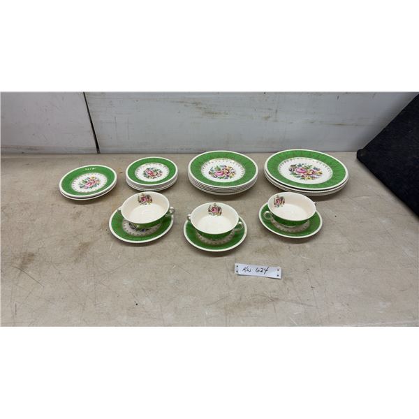 Simpsons Solian Ware Pattern 777 Green Floral Dinnerware Set with Plates, Bowls, and Saucers