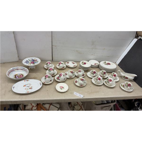 Assorted Porcelain Including Floral Cake Stand, Iridescent Bowl, Rose Teacups and Saucers, Plates