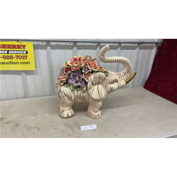 Capodimonte Style Ceramic Elephant Figurine with Porcelain Floral Bouquet and Gold Accents