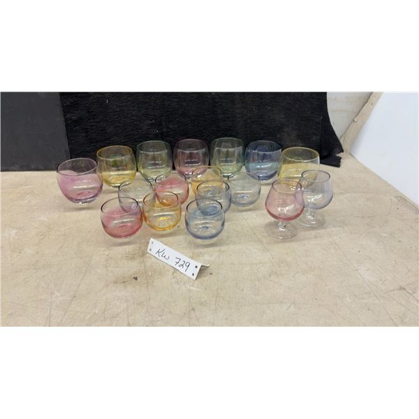 Iridescent Roly-Poly Tumblers and Stemmed Cordial Glasses in Assorted Colors, 17 Pieces