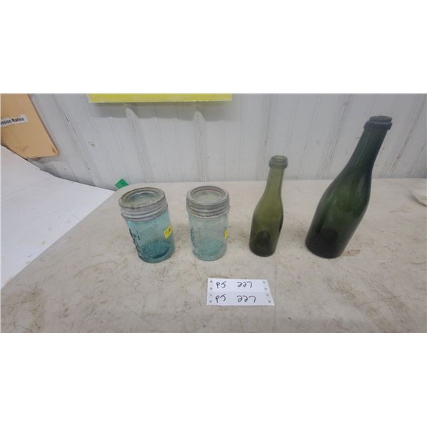 Vintage Improved Gem Aqua Blue Glass Canning Jars with Zinc Lids and Green Bottles