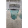 Image 2 : Vintage Improved Gem Aqua Blue Glass Canning Jars with Zinc Lids and Green Bottles