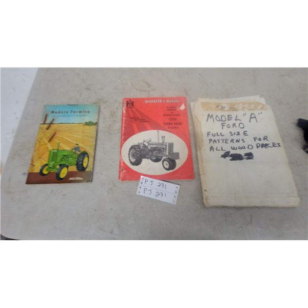 John Deere Modern Farming Booklet, IH Farmall 1206 Operator's Manual, and Model A Ford Pattern Book