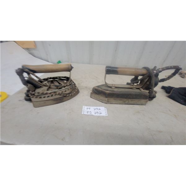 Pair of Antique Early 20th Century Electric Irons with Wooden Handles and Braided Cloth Cords