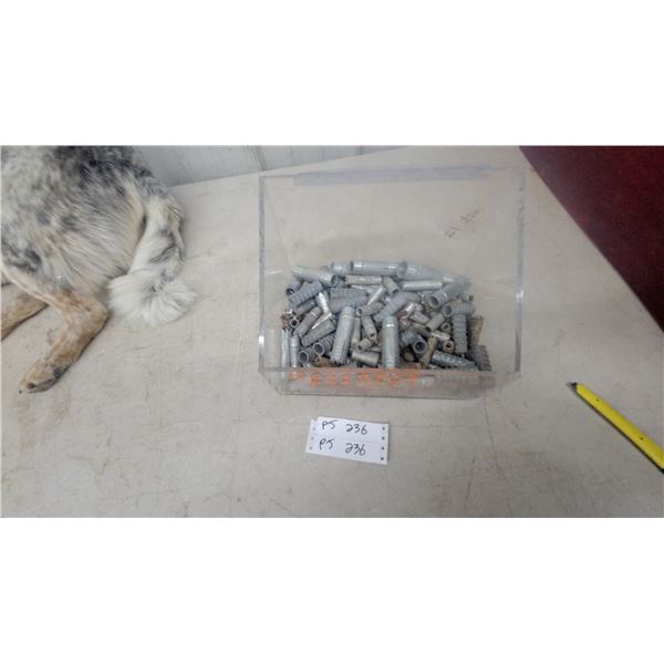 Assorted Metal Expansion Anchors, Sleeve Anchors, and Plastic Wall Plugs in Acrylic Container
