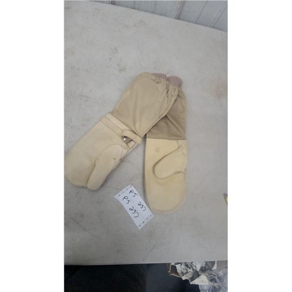 Pair of Heavy-Duty Tan Cold Weather Mittens with Gauntlet Cuff and Wrist Strap