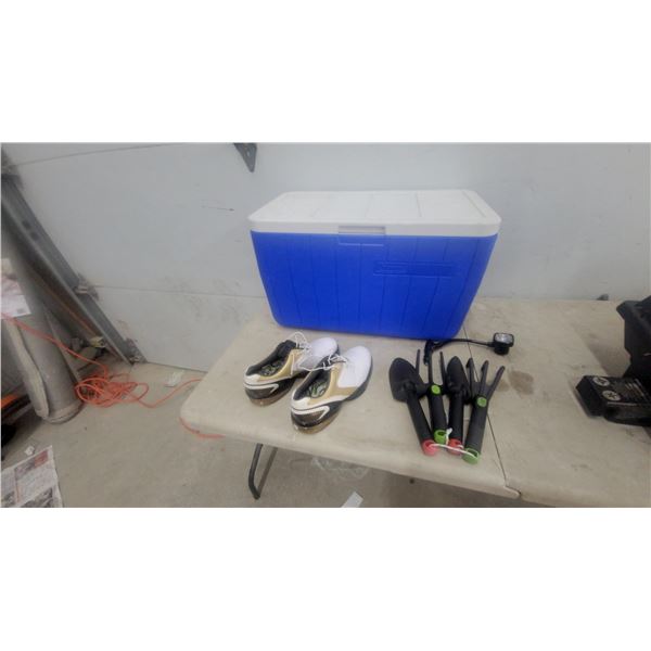 Coleman Blue and White Cooler with Swing-Up Bail Handle, Golf Shoes, Garden Tools