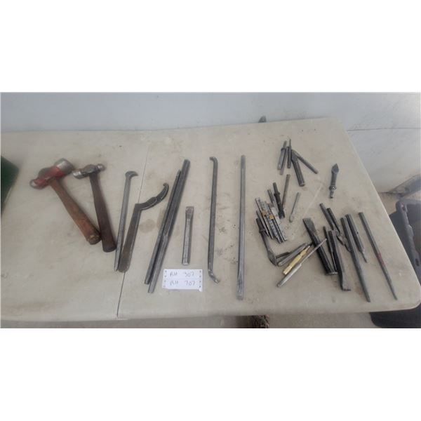 Assortment of Hand Tools Including Ball-Peen Hammers, Pry Bars, Chisels, Punches