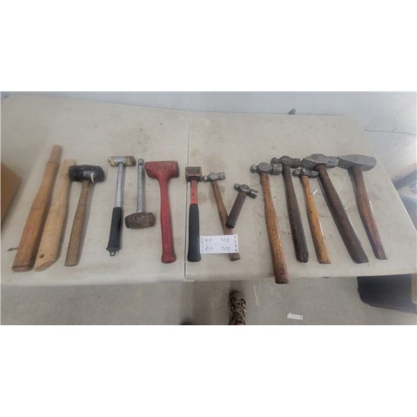 Assortment of Hammers and Mallets Including Ball-Peen, Cross-Peen, Rubber, Brass