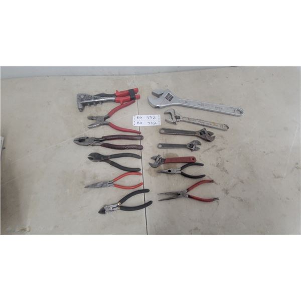 Assorted Pliers, Wire Strippers, and Crescent Adjustable Wrenches Including Heavy Duty