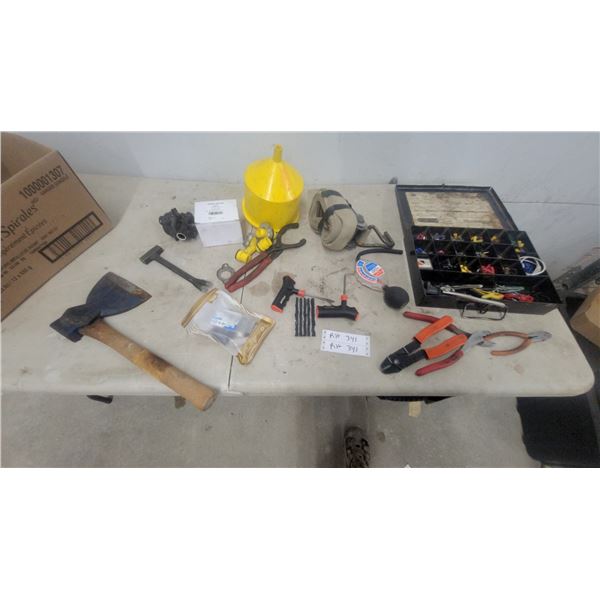 Victor T-Handle Tire Repair Tools with Rubber Plugs, Axe, Funnel, Pliers, Wire Terminals