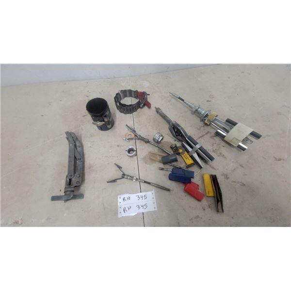 Assortment of Automotive Engine Repair Tools Including Valve Spring Compressor, Ring Compressors an