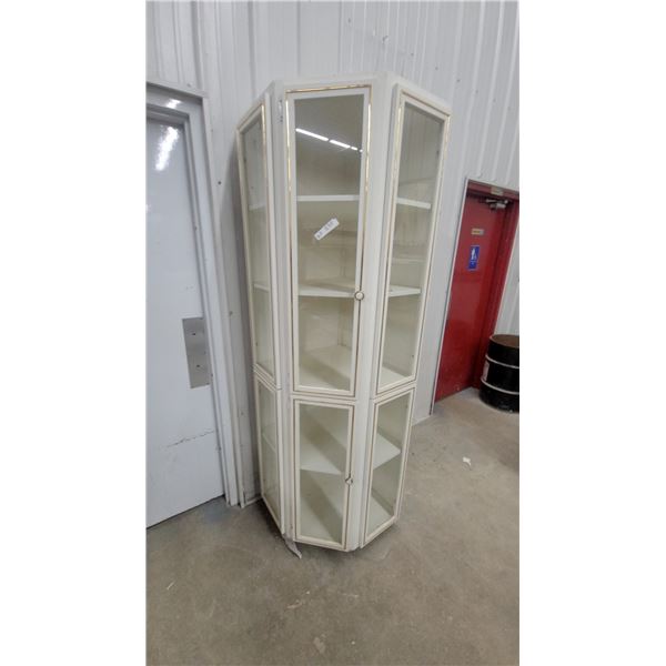 Tall Octagonal Display Curio Cabinet, Off-White with Gold Trim, Glass Doors