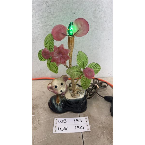 Rare Mid Century Richard Singer and Sons Art Glass Flowers and Ceramic Dog Desk Lamp, Works!