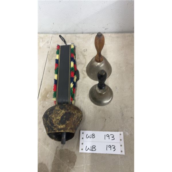 3 Vintage Bells, Bavarian Cow Bell and 2 School Bells