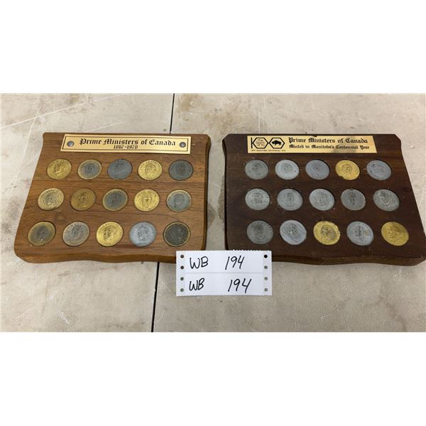 Two Prime Ministers of Canada Coin Sets in wooden Plaques, 1867-1970 and Manitoba Centennial 1970