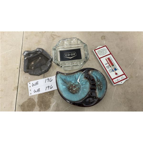 Vintage Co-Op Glass Ashtray, Japan Ceramic Ashtray, Metal Ashtray, and Dairy Products Thermometer
