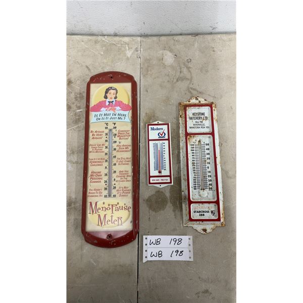 Three Vintage Advertising Thermometers: "Menopause Meter," Modern, and Keystone Hatchery Ltd.