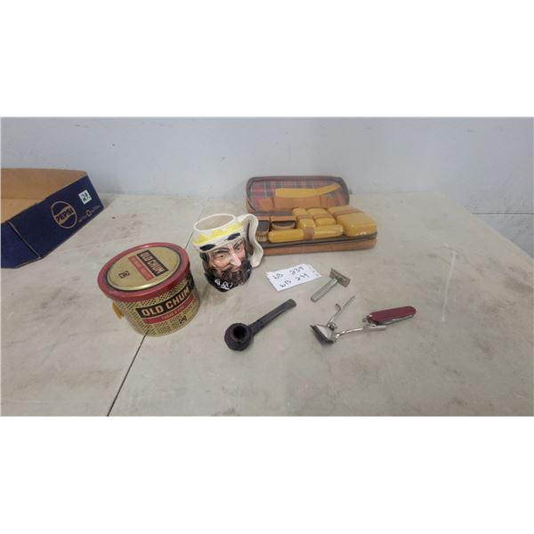 Vintage Old Chum Pipe Tobacco Tin, Character Toby Mug, Smoking Pipe, Shaving Kit