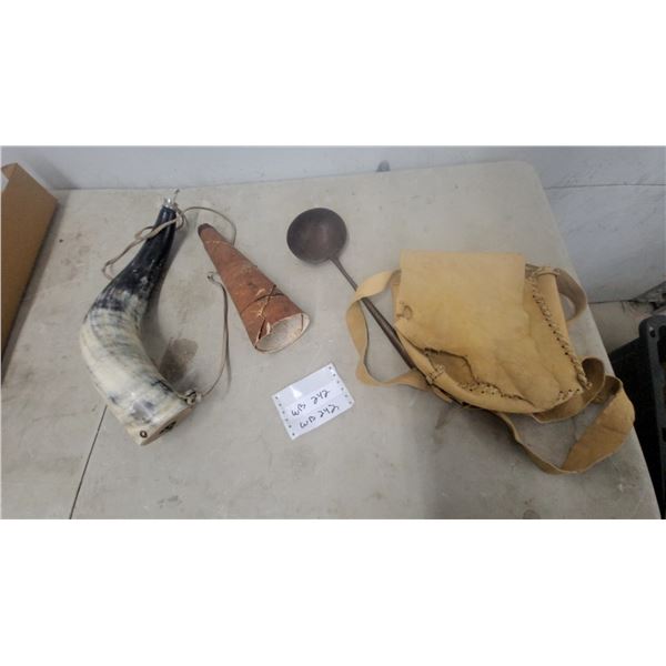 Black Powder Muzzleloading Accessories: Horn Flask, Leather pouch, Metal Ladle birch moose call