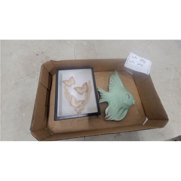 Framed Butterfly Shadow Box Display and Green Ceramic Angelfish Figurine