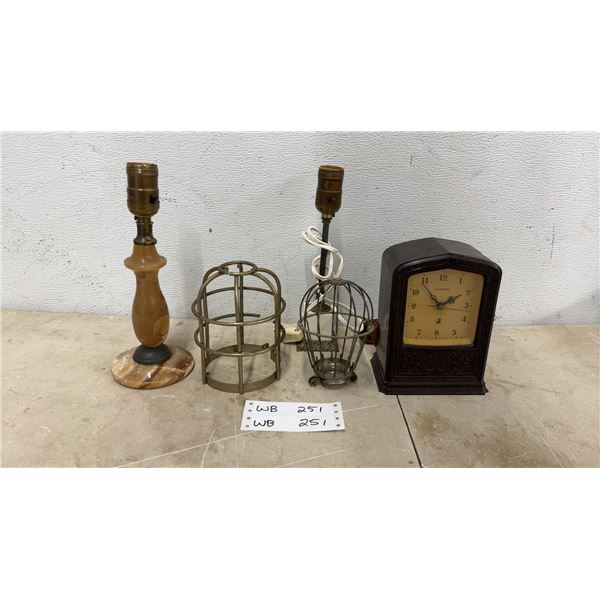 Antique Hammond Electric Desk Clock, 2 Desk Lamps and 2 Industrial Light Wire Cages