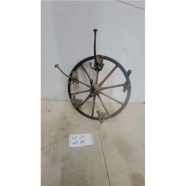 Antique Wagon Wheel Wall-Mounted Coat Rack with Metal Hooks 14” diameter