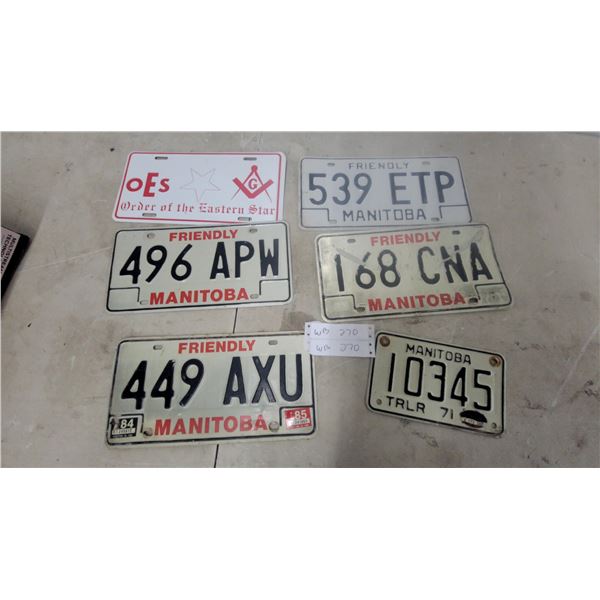 Lot of 6 Manitoba License Plates Including 1971 Trailer and Order of the Eastern Star Novelty
