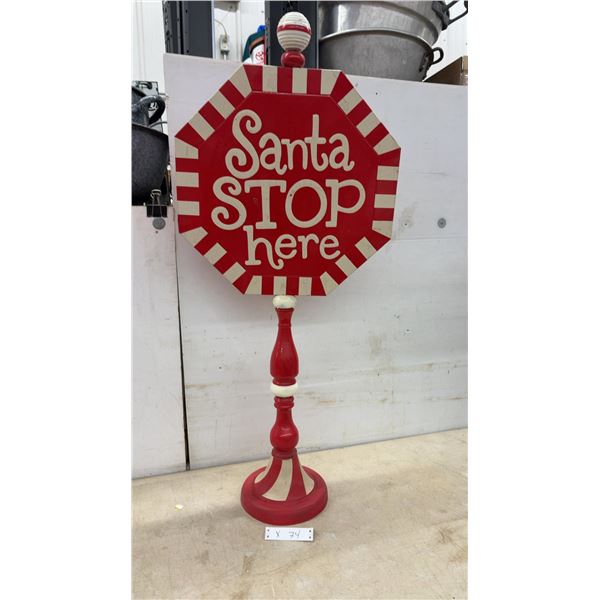 Decorative Freestanding "Santa Stop Here" Octagonal Sign on Turned Red and White Pedestal Stand