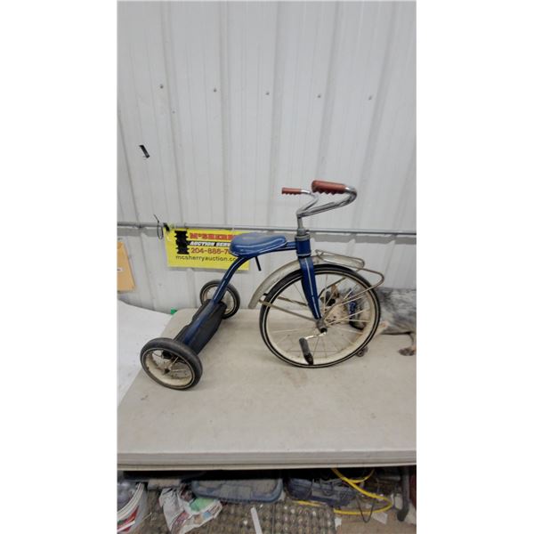 Vintage Blue Tricycle with Chrome Handlebars, Front Fender and Cargo Rack front wheel 19”