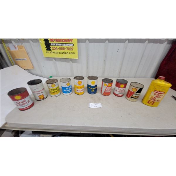 10 Shell Oil Cans Including Rotella, X-100 Multigrade, Aeroshell, Super