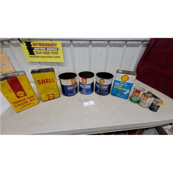 Shell Cans Including Power Saw Chain Oil, Shellzone Anti-Freeze, Brake Fluid, Donax T-6