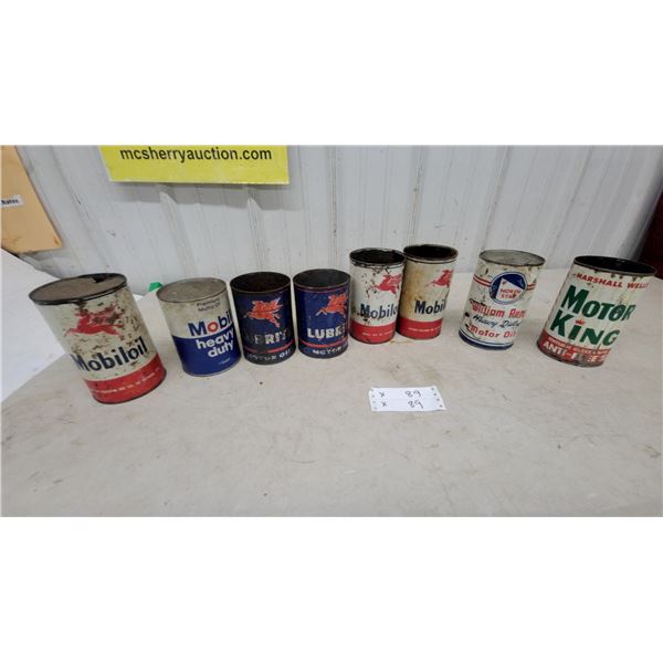8 Vintage Oil Can Lot: Mobiloil, Mobil Heavy Duty, Lubrikei, William Penn, Motor King