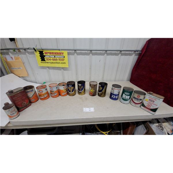 13 Vintage Texaco, Gulf, and Co-op Motor Oil, Brake Fluid, and Charcoal Lighter Tin Cans
