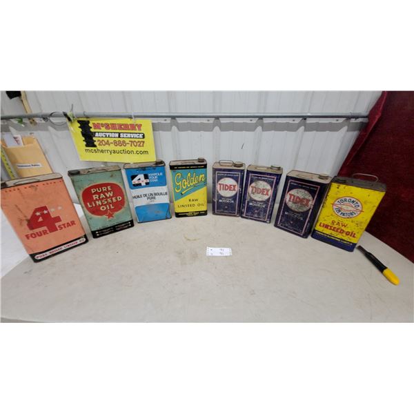 Vintage Oil and Linseed Oil Cans: Four Star, Pure Raw Linseed Oil, Golden, Tidex Motor Oil (8)