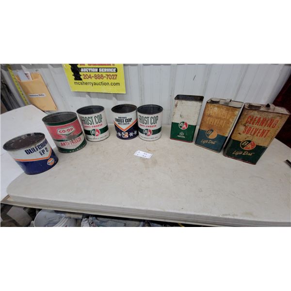 8 Vintage B/A Frost Cop Anti-Freeze, Gulfcrown EP 2, Co-Op and B/A Cleaning Solvent Cans