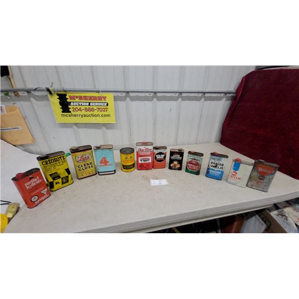 12 Vintage Oil Tins: Veedol Brake Fluid, Whiz Sylk, Engine Weld, and Creosote