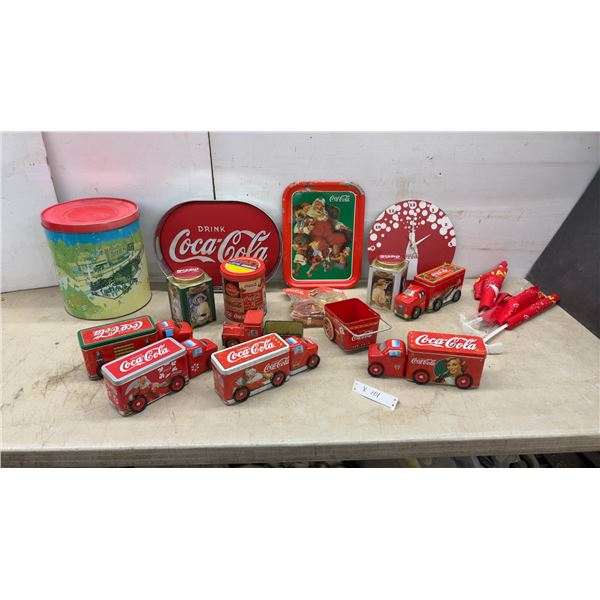 Coca-Cola Collectible Tins, Trays, Clock, Truck Tins, Storage Tin with Americana Scene