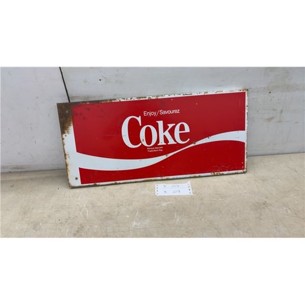 Vintage Canadian Coca-Cola "Enjoy/Savourez Coke" Bilingual Metal Advertising Flange Sign, 10 × 22”