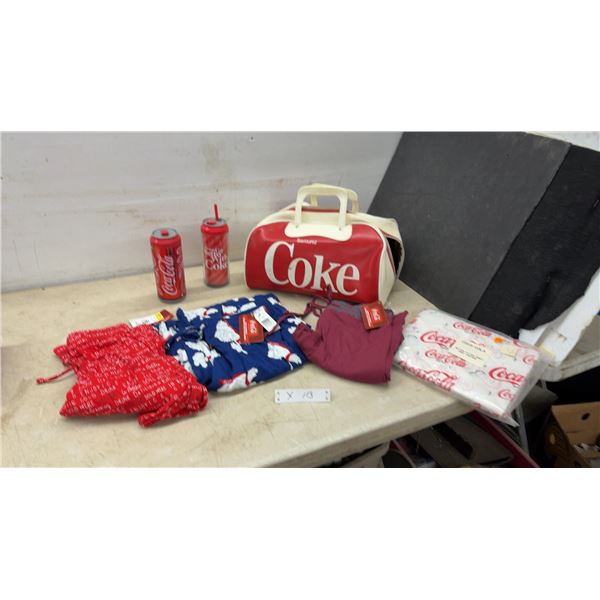 Coca-Cola: Coke Duffle Bag, Can Tumblers, Fitted Sheet, 3 pairs sleep pants with tags