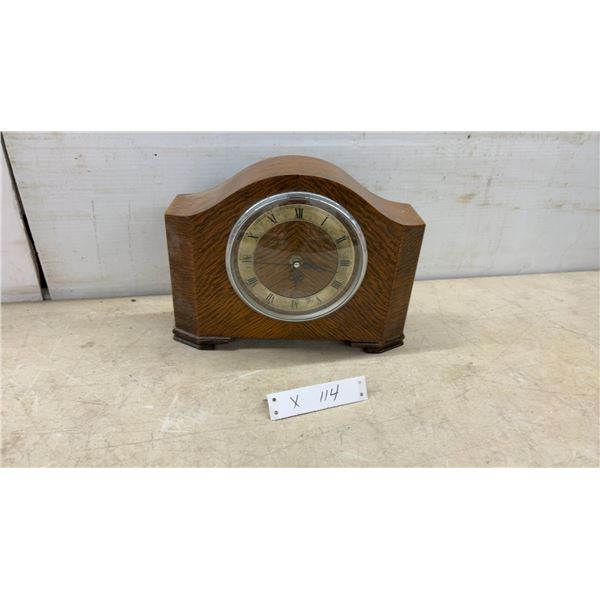 Vintage English Oak Mantel Clock with Roman Numeral Dial and Quartz Movement