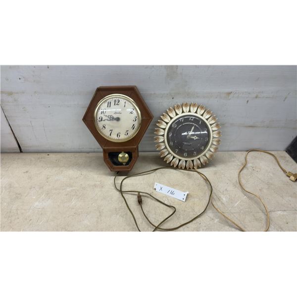 Spartus Model 1125 Hexagonal Electric Pendulum Wall Clock and Westclox Sunburst Wall Clock
