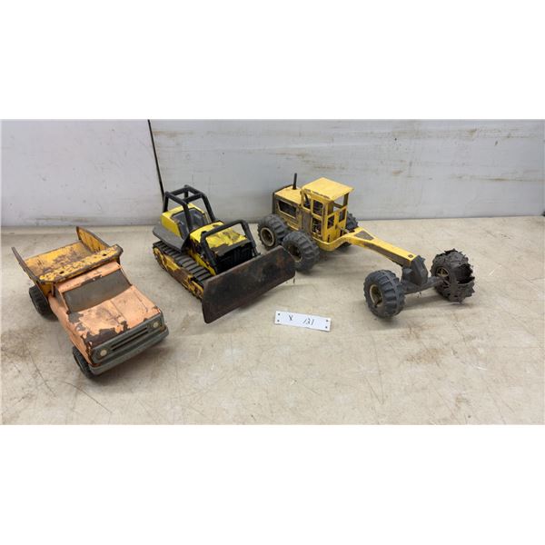 Vintage 1970s Tonka Mighty Series Dump Truck, Track Loader Dozer, and Motor Grader