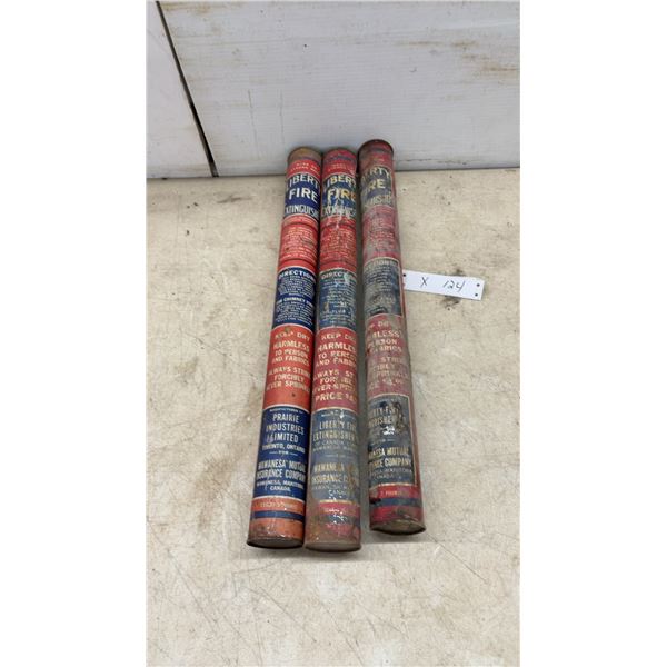 Three Vintage Liberty Fire Extinguisher Tubes, Dry Chemical, Wawanesa Mutual Insurance Company